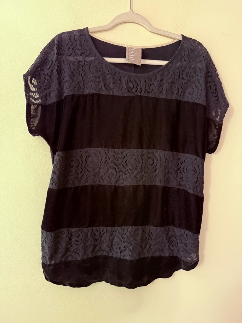 Dolan Left Coast Collection Women's Black Lace-Striped Short Sleeve Top, size XL